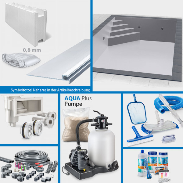 Rechteckpool 7,00 x 3,50 x 1,50 m PLUS-Set | Grau | Unterbautreppe Eck 169 x 169 cm