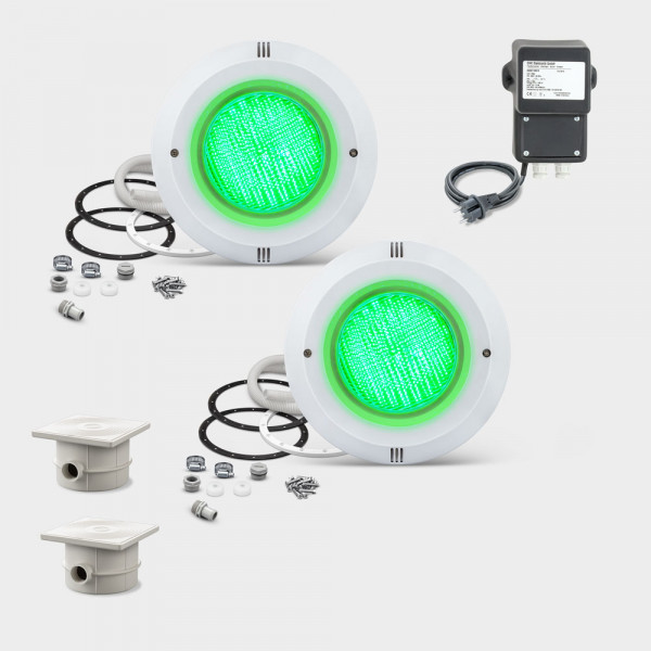 2er-Set Pool-Scheinwerfer POOLSANA PROFI mit LED-Birne RGB 30 W und Trafo + Kabeldosen