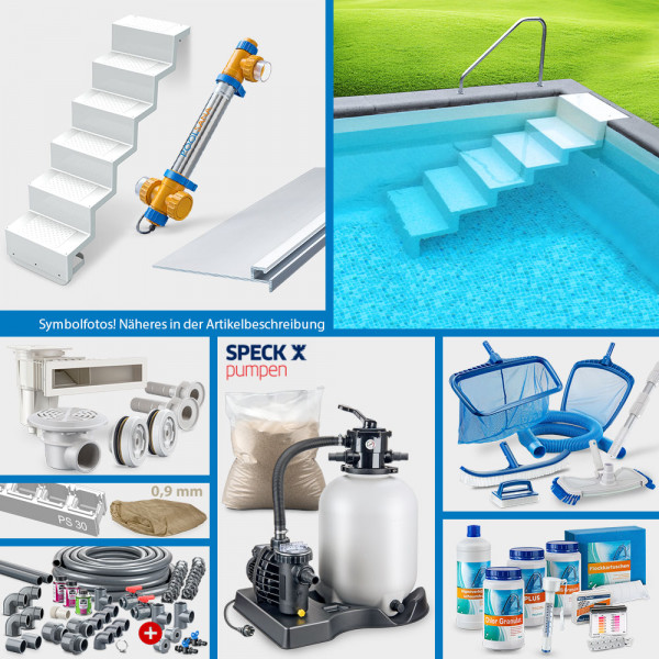 Rechteckpool PS SQ 6,00x3,00x1,50m | 4D-Folie 0,9 mm sand | PROFI-Set "High Level" | Treppe Elegance