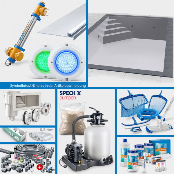 JUBILÄUMS-Rechteckpool 7,00 x 3,50 x 1,50 m PROFI-Set | Grau | Unterbautreppe Eck 169 x 169 cm