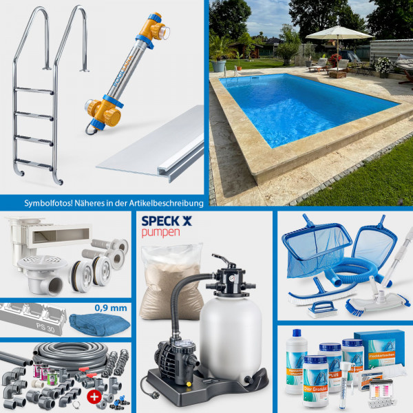 POOLSANA Rechteckpool 5,00 x 3,00 x 1,50 m | 4D-Folie 0,9 mm blau | PROFI-Set "High Level"