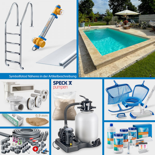 PS30/80-Rechteckpool POOLSANA 7,00 x 3,50 x 1,50 m | 4D-Folie 0,9 mm sand | PROFI-Set "High Level"