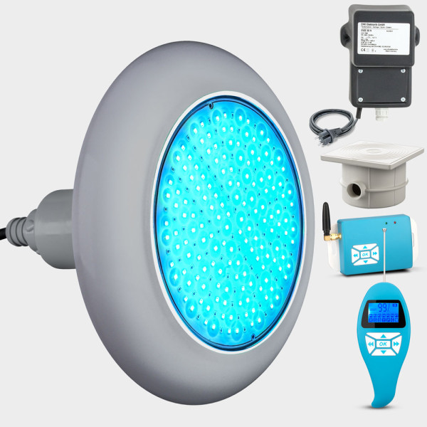 1er-Set mit Trafo + Kabeldose + FB: LED Poolbeleuchtung POOLSANA VARIO 25W RGB | Blende grau