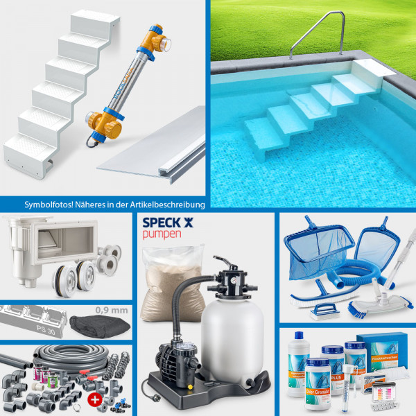 Rechteckpool SQ 7,00 x 3,50 x 1,50 m | 4D-Folie grau | PROFI-Set | Treppe Elegance