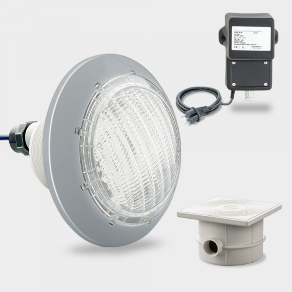 Set 1 x COMPACT-Poolscheinwerfer LED weiß 40 W inkl. Sicherheits-Trafo und Kabeldose | Blende grau