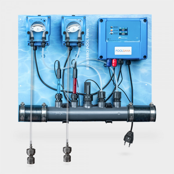 Automatische POOLSANA pH-/Chlor-Dosieranlage Pool Twin | Grundplatte blau