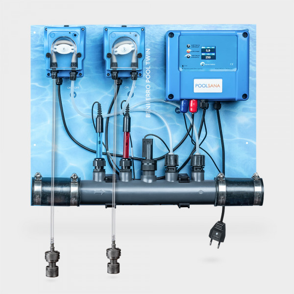 Sonderposten: Automatische POOLSANA pH-/Chlor-Dosieranlage Pool Twin | Grundplatte blau