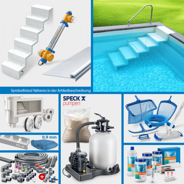 Rechteckpool PS SQ 6,00 x 3,00 x 1,50 m | 4D-Folie 0,9 mm blau | PROFI-Set | Treppe Elegance