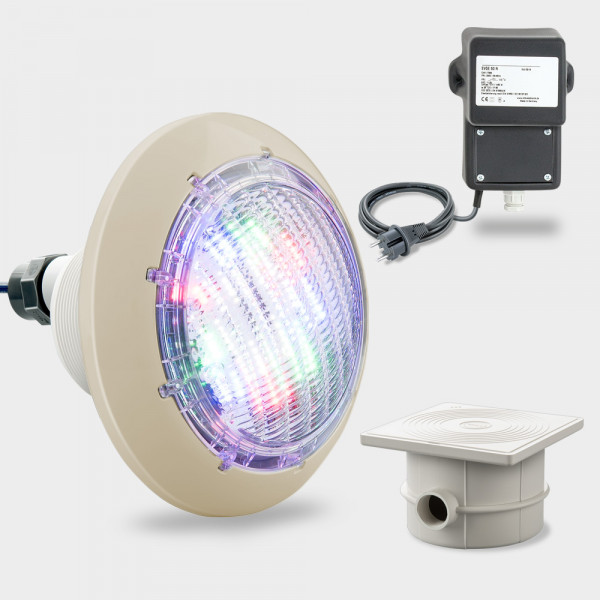 Set 1 x COMPACT-Poolscheinwerfer LED RGB 30 W inkl. Sicherheits-Trafo und Kabeldose | Blende sand