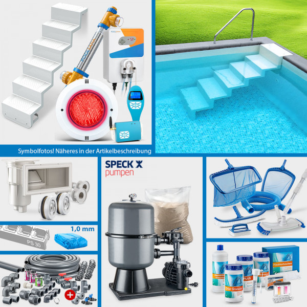 PS30-Rechteckpool SQ 7,00 x 3,50 x 1,50 m | Blau 1,0 mm | PERFECT-Set | Treppe Elegance