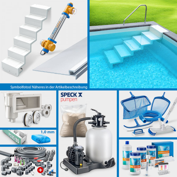 PS30/80-Rechteckpool PS HQ 6,00 x 3,00 x 1,50 m | Blau 1,0 mm | PROFI-Set | Treppe Elegance