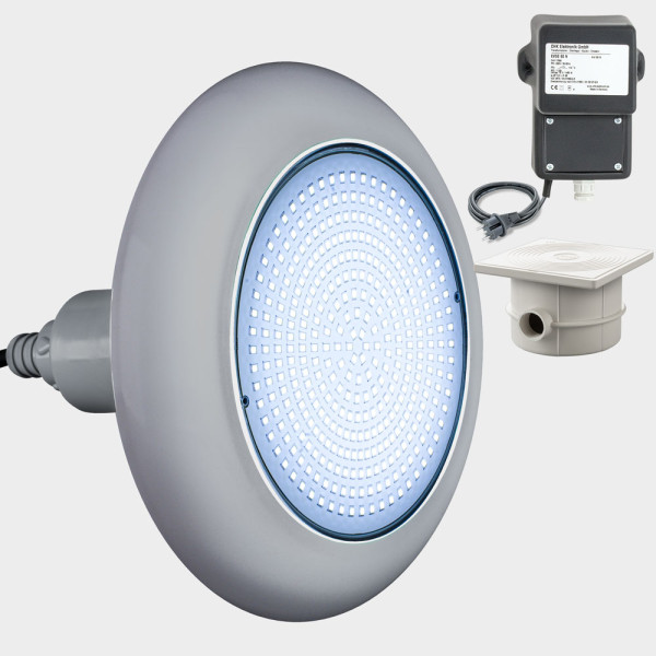 1er-Set mit Trafo und Kabeldose: LED Poolbeleuchtung POOLSANA VARIO 18W Weiß | Blende grau
