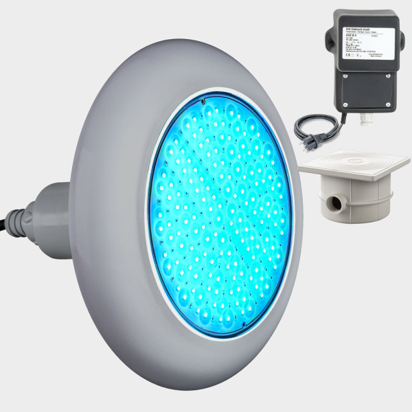 1er-Set mit Trafo und Kabeldose: LED Poolbeleuchtung POOLSANA VARIO 25W RGB | Blende grau