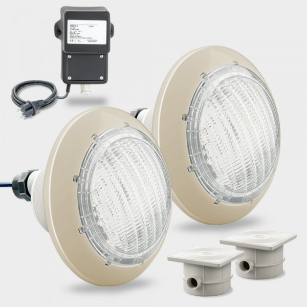Set 2 x COMPACT-Poolscheinwerfer LED weiß 40 W inkl. Sicherheits-Trafo und Kabeldosen | Blende sand