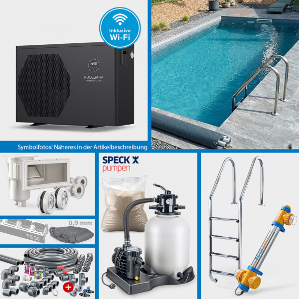 PS30-Rechteckpool PS 7,00 x 3,50 x 1,50 m | 4D-Folie 0,9 mm anthrazit | PROFI-Set "HEAT"