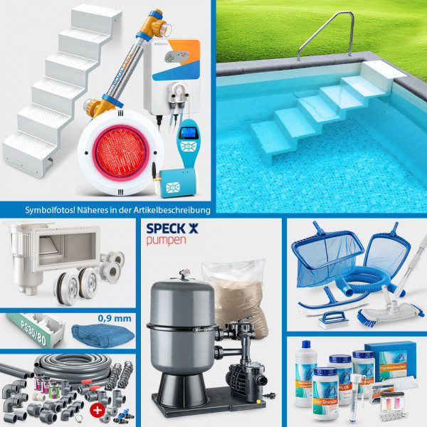 PS30/80-Rechteckpool SQ 8,00 x 4,00 x 1,50 m | 4D-Folie 0,9 mm blau | PERFECT-Set | Treppe Elegance