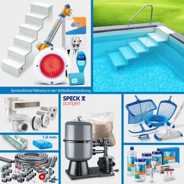 PS30/80-Rechteckpool PS HQ 7,00x3,50x1,50m | Blau 1,0mm | PERFECT-Set "High Level" | Treppe Elegance