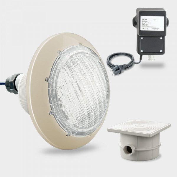 Set 1 x COMPACT-Poolscheinwerfer LED weiß 40 W inkl. Sicherheits-Trafo und Kabeldose | Blende sand