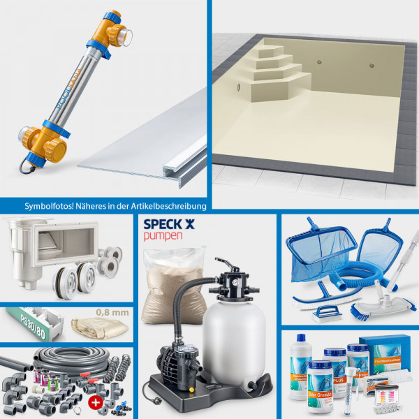 PS30/80-Rechteckpool 6,00 x 3,00 x 1,50 m PROFI-Set | Sand | Unterbautreppe Eck 118 x 118 cm