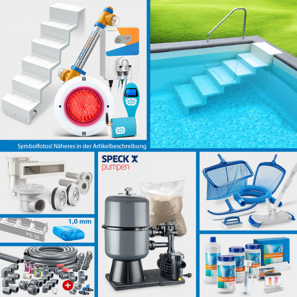 PS30-Rechteckpool SQ 6,00 x 3,00 x 1,50 m | Blau 1,0 mm | PERFECT-Set "High Level" | Treppe Elegance