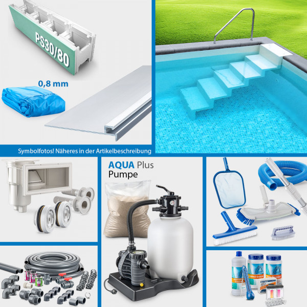 PS30/80-Rechteckpool PS HQ 8,00 x 4,00 x 1,50 m | Blau 0,8 mm | PLUS-Set | Treppe Elegance