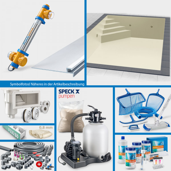 PS30/80-Rechteckpool 7,00 x 3,50 x 1,50 m PROFI-Set | Sand | Unterbautreppe Eck 169 x 169 cm