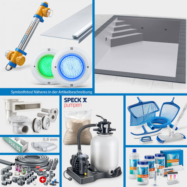 JUBILÄUMS-Rechteckpool 7,00x3,50x1,50m PROFI-Set "High Level" | Grau | Unterbautreppe Eck 169x169cm