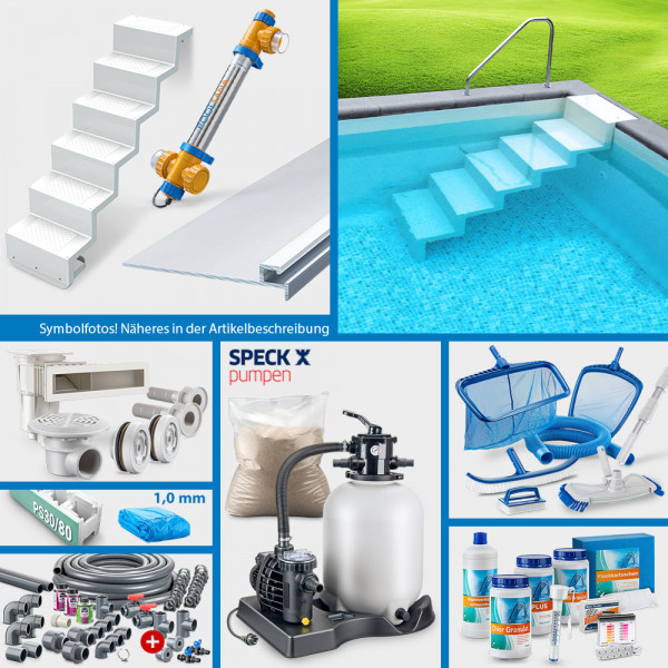 PS30/80-Rechteckpool PS HQ 8,00x4,00x1,50m | Blau 1,0 mm | PROFI-Set "High Level" | Treppe Elegance