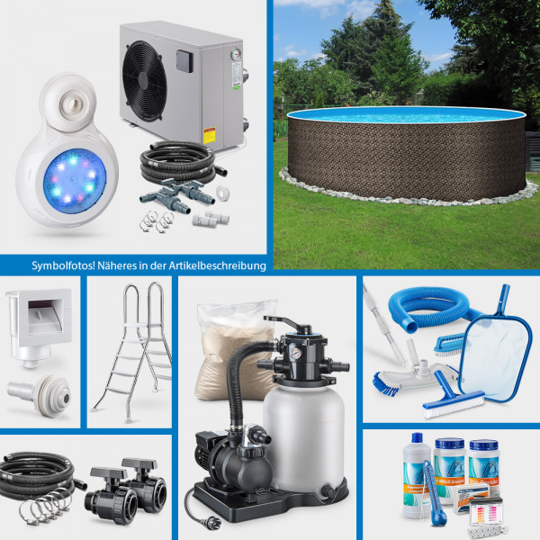 Rundpool POOLSANA RATTAN 4,60 x 1,20 m Folie 0,5 mm PROMO-Set HEAT | Freiaufstellung/Teileinbau