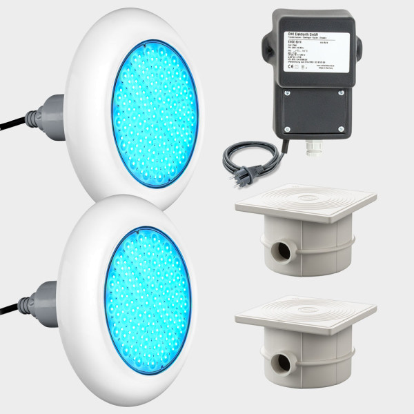 2er-Set mit Trafo und Kabeldosen: LED Poolbeleuchtung POOLSANA VARIO 25W RGB | Blende weiß