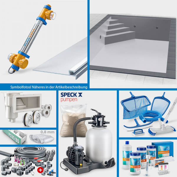 PS30/80-Rechteckpool 7,00 x 3,50 x 1,50 m PROFI-Set | Grau | Unterbautreppe Eck 169 x 169 cm