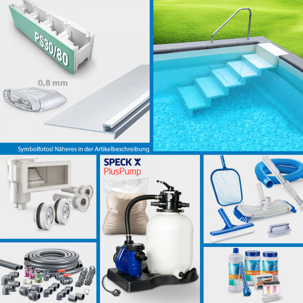 PS30/80-Rechteckpool PS HQ 5,00 x 3,00 x 1,50 m | Grau 0,8 mm | PLUS-Set | Treppe Elegance