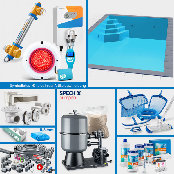 PS30/80-Rechteckpool 7,00x3,50x1,50 m PERFECT-Set "High Level" | Blau | Unterbautreppe Eck 118x118cm