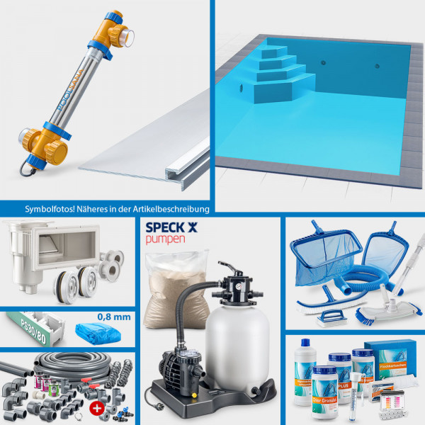 PS30/80-Rechteckpool 7,00 x 3,50 x 1,50 m PROFI-Set | Blau | Unterbautreppe Eck 118 x 118 cm