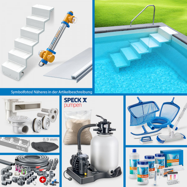 Rechteckpool SQ 6,00 x 3,00 x 1,50 m | 4D-Folie anthrazit | PROFI-Set "High Level" | Treppe Elegance