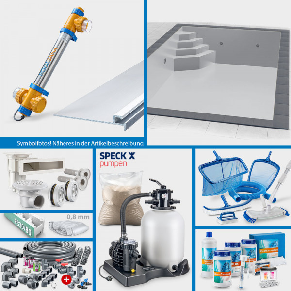 PS30/80-Rechteckpool 7,00x3,50x1,50m PROFI-Set "High Level" | Grau | Unterbautreppe Eck 118x118cm