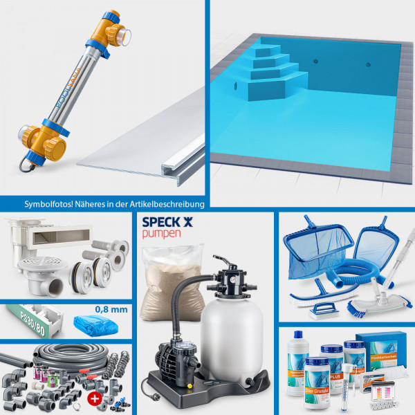 PS30/80-Rechteckpool 8,00x4,00x1,50m PROFI-Set "High Level" | Blau | Unterbautreppe Eck 118x118cm