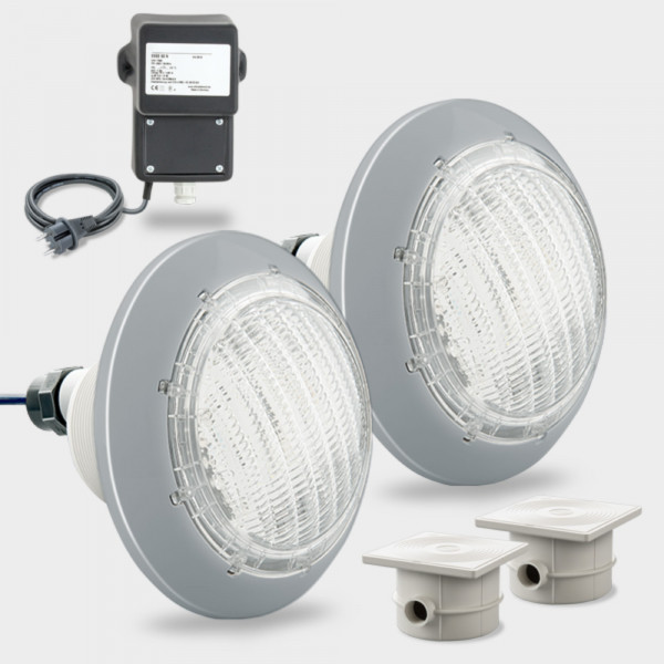 Set 2 x COMPACT-Poolscheinwerfer LED weiß 20 W inkl. Sicherheits-Trafo und Kabeldosen | Blende grau