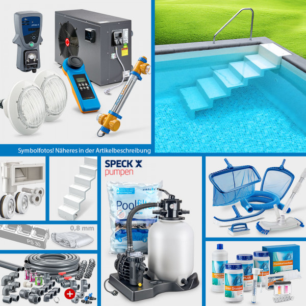 Rechteckpool 8,00 x 4,00 x 1,50 m | Folie grau | PROMO-Set PLATIN mit Einstiegstreppe Elegance