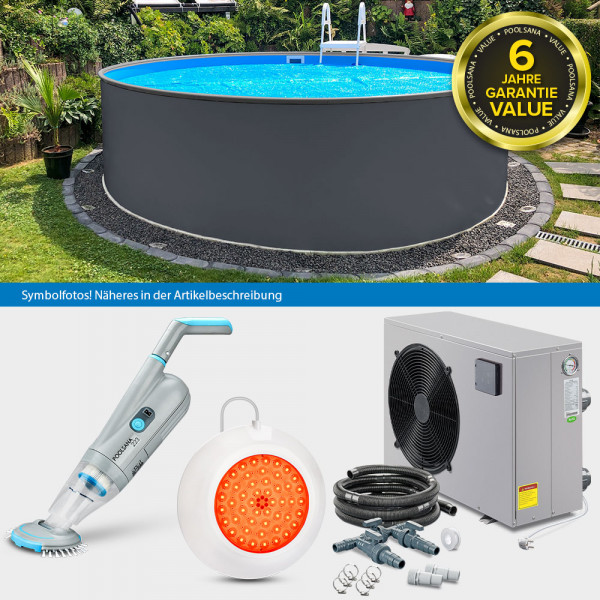PS Value Rund 4,60 x 1,20m Stahlwand grau | Folie blau | Alu-Handlauf LAGOON-Set COMFORT | Frei/Teil
