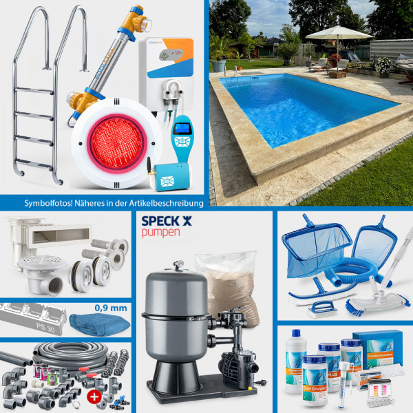 PS30-Rechteckpool POOLSANA 8,00 x 4,00 x 1,50 m | 4D-Folie 0,9 mm blau | PERFECT-Set "High Level"