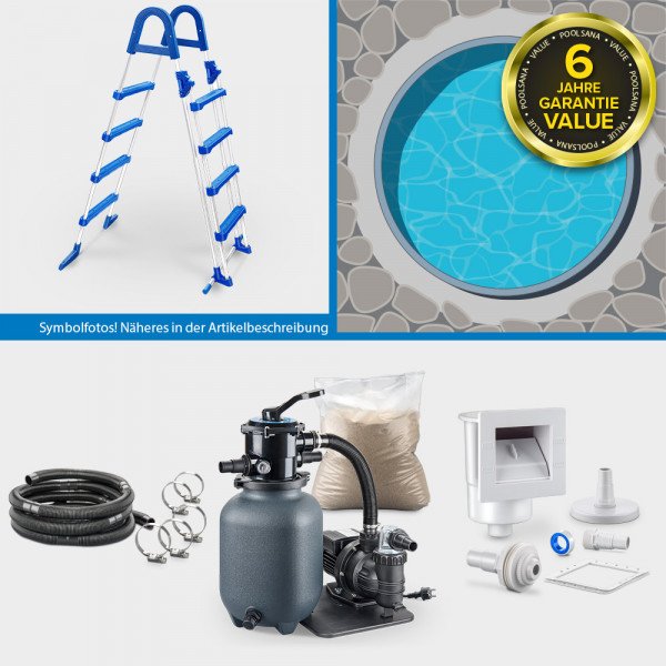 PS Value Rund 4,60 x 1,20 m Stahlwand + Handlauf grau | Folie blau PROTECT-Set | Freiaufstellung