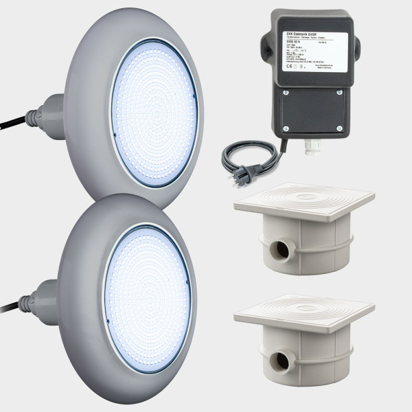 2er-Set mit Trafo und Kabeldosen: LED Poolbeleuchtung POOLSANA VARIO 18W Weiß | Blende grau
