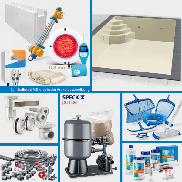 Rechteckpool 7,00 x 3,50 x 1,50 m PERFECT-Set "High Level" | Sand | Unterbautreppe Eck 118 x 118 cm