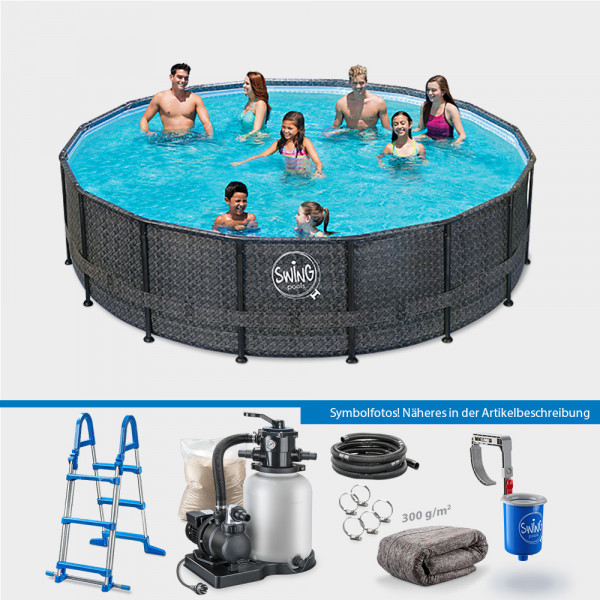 Frame Pool PRIME Rund Wicker dark 427 x 107 cm PROTECT PLUS-Set