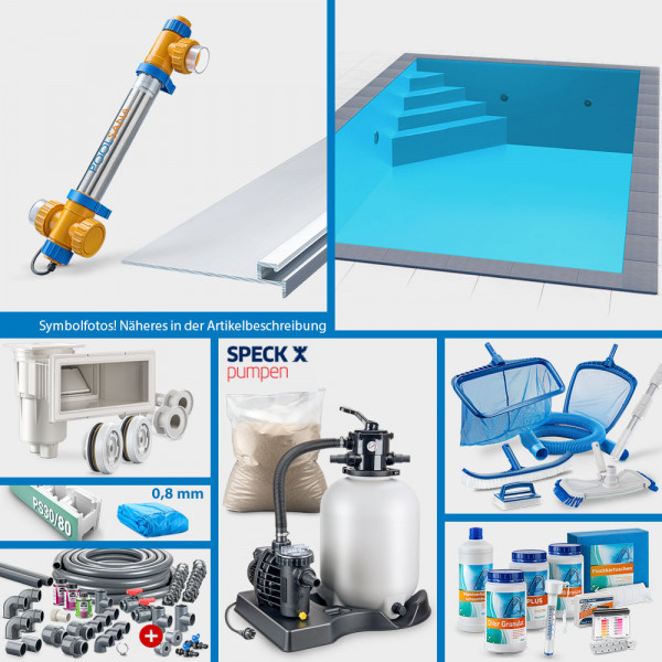 PS30/80-Rechteckpool 7,00 x 3,50 x 1,50 m PROFI-Set | Blau | Unterbautreppe Eck 169 x 169 cm