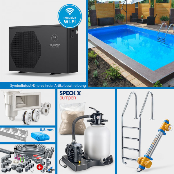 PS30-Rechteckpool POOLSANA HQ 6,00 x 3,00 x 1,50 m | Folie blau 0,8 mm | PROFI-Set "HEAT"