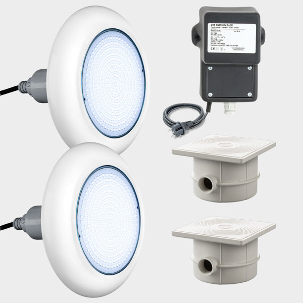 2er-Set mit Trafo und Kabeldosen: LED Poolbeleuchtung POOLSANA VARIO 18W Weiß | Blende weiß