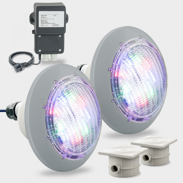 Set 2 x COMPACT-Poolscheinwerfer LED RGB 30 W inkl. Sicherheits-Trafo und Kabeldosen | Blende grau