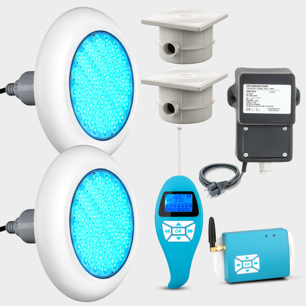 2er-Set mit Trafo + Kabeldosen + FB: LED Poolbeleuchtung POOLSANA VARIO 25W RGB | Blende weiß